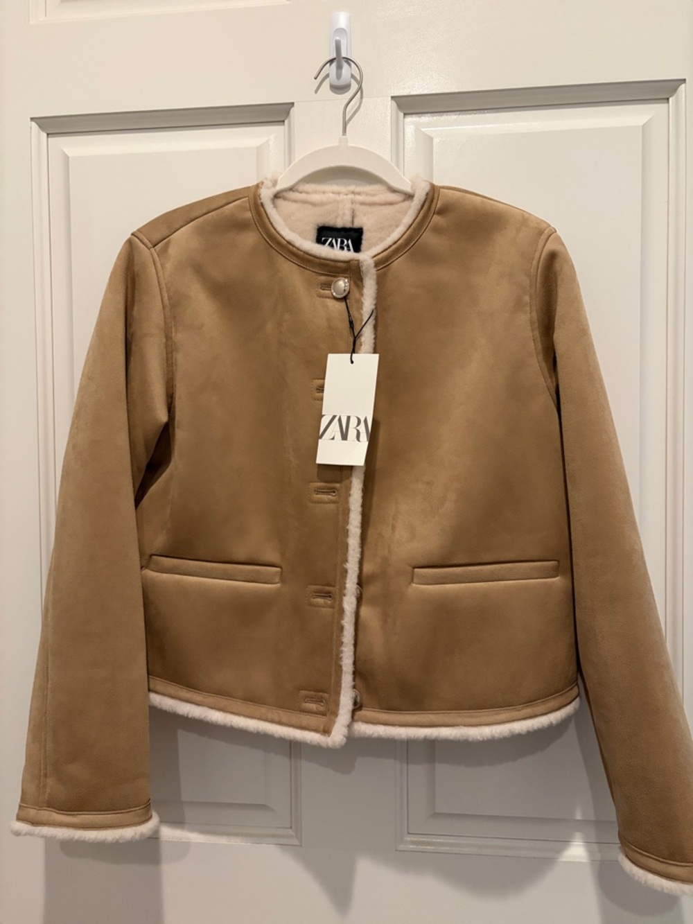ZARA Camel Faux-Suede Teddy Jacket with Cream Trim